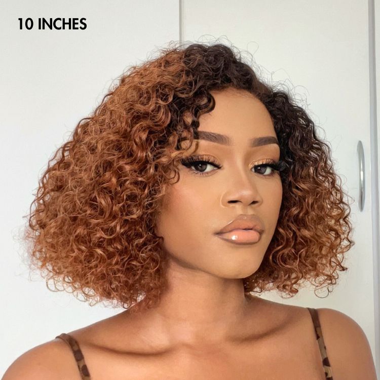 Trendy Mix Brown Short Cut Curly Minimalist HD Lace Glueless Side Part Curly Bob Wig 100% Human Hair-06