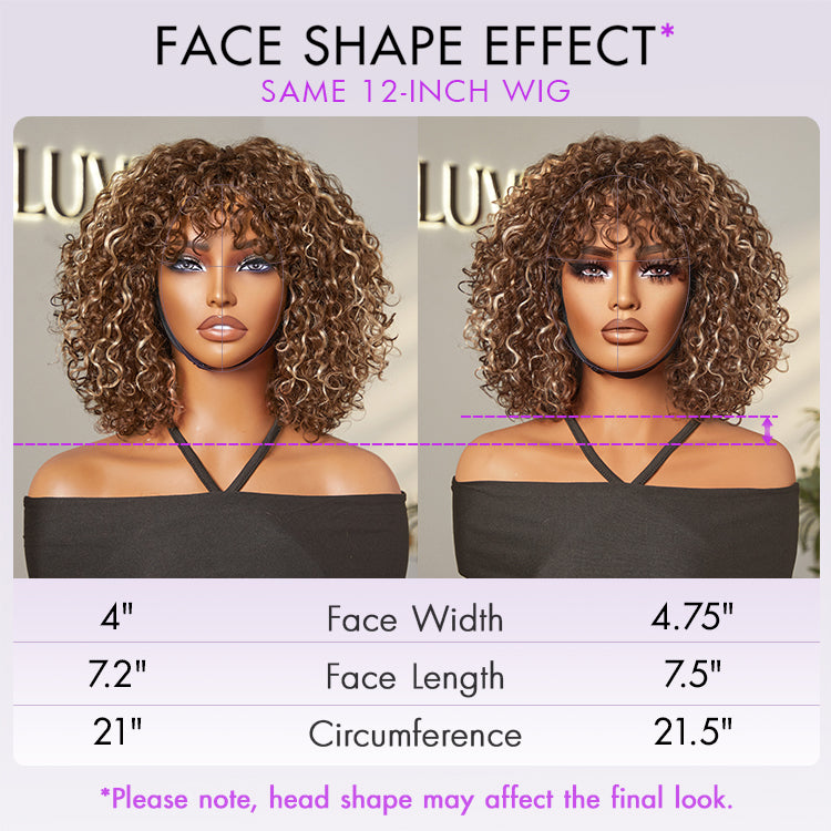 Luvme beginner-friendly water wave minimalist lace wig with short curly hair, bangs, and natural-looking lace front for a seamless style.