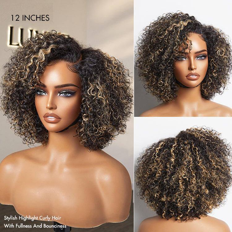 Luvme short cut curly HD lace glueless side part wig made of 100% human hair, showcasing minimalist style and natural curls.