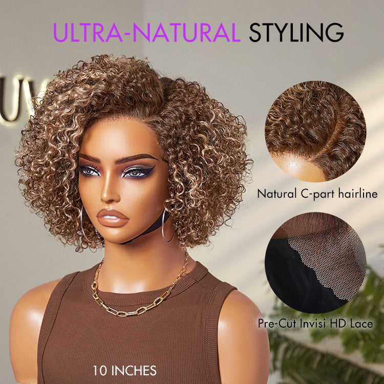 Beginner Friendly Ash Blonde Highlight Short Kinky Curly Wig Glueless Minimalist HD Lace Wig Pre-Cut Lace-18