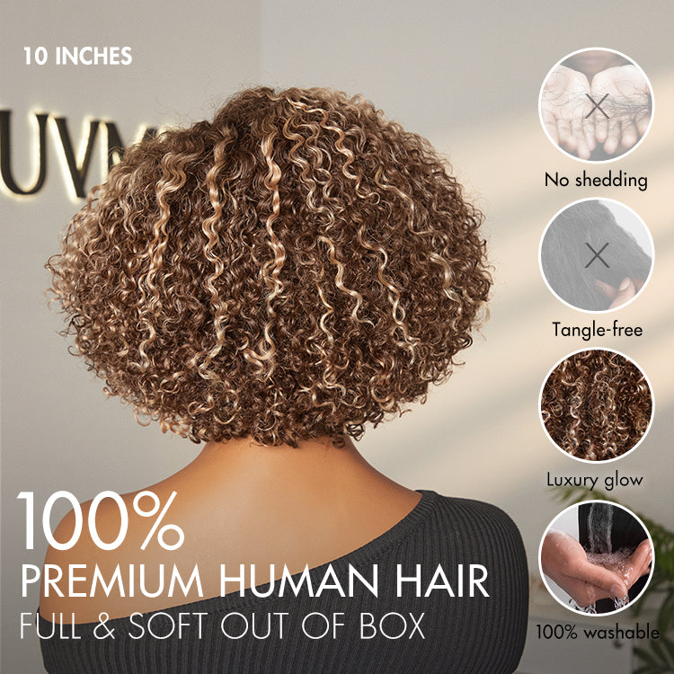 Beginner Friendly Ash Blonde Highlight Short Kinky Curly Wig Glueless Minimalist HD Lace Wig Pre-Cut Lace-19