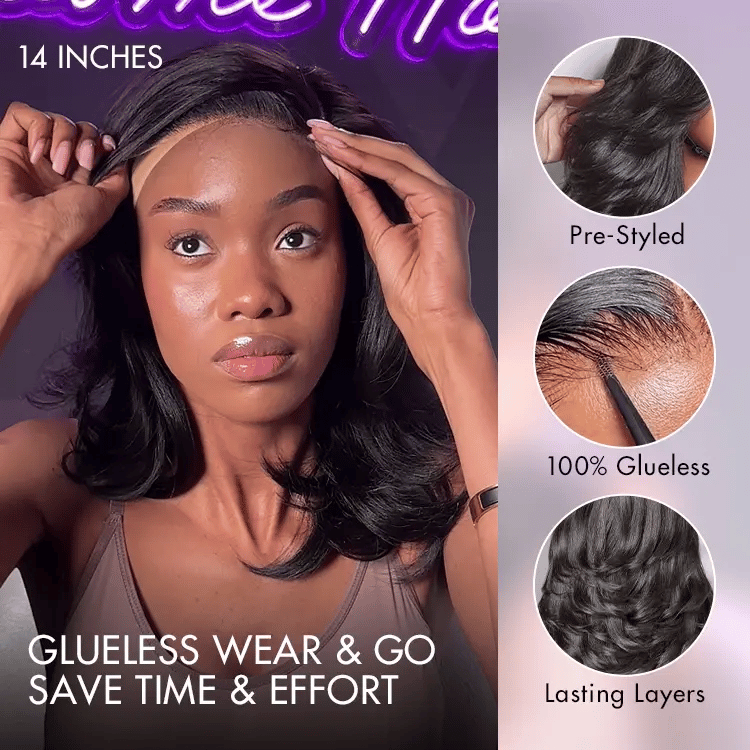 Luvme Hair short wig with layered wavy butterfly cut, glueless HD lace, minimalist chic style, natural brown color