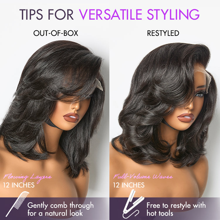 Luvme Hair butterfly cut layered wavy short wig with glueless HD lace, minimalist style, and effortless chic appearance.