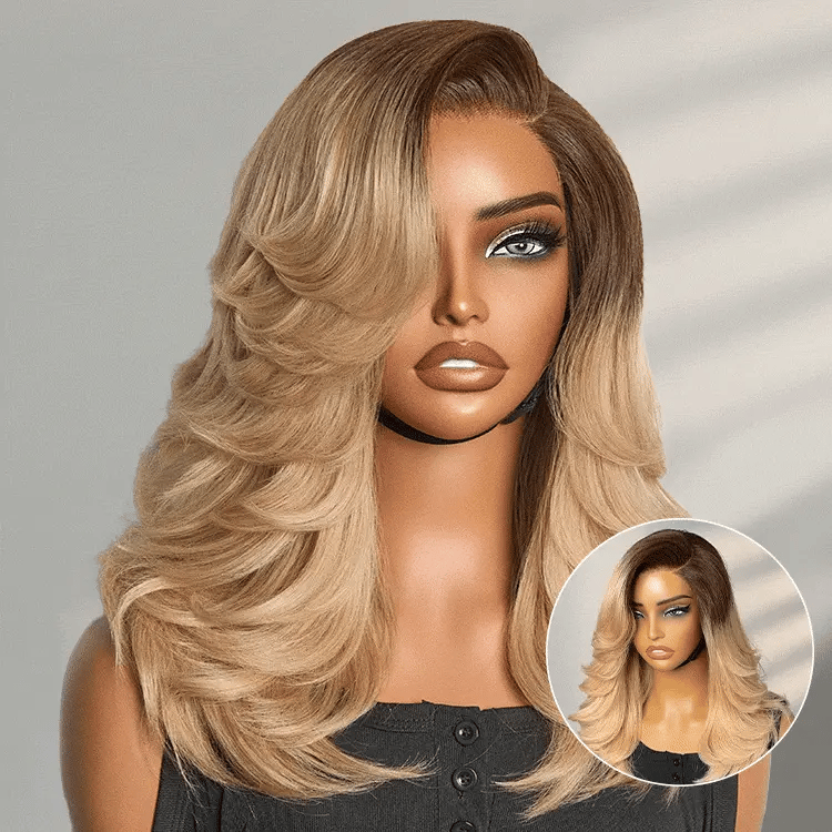 Ombre Blonde Blow Out Layered Cut Wavy Glueless HD Minimalist Lace Wig-01