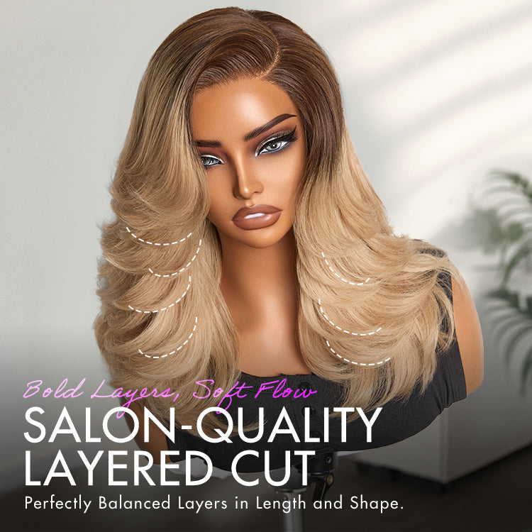 Ombre Blonde Blow Out Layered Cut Wavy Glueless HD Minimalist Lace Wig-03