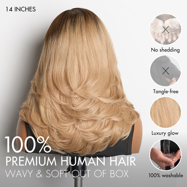 Ombre Blonde Blow Out Layered Cut Wavy Glueless HD Minimalist Lace Wig-06