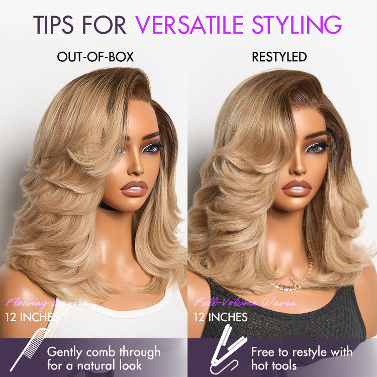 Ombre Blonde Blow Out Layered Cut Wavy Glueless HD Minimalist Lace Wig-08
