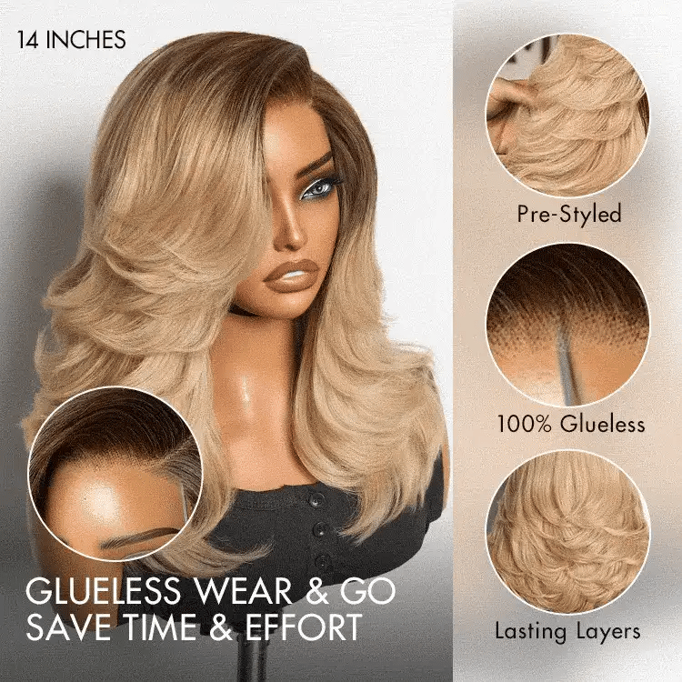 Ombre Blonde Blow Out Layered Cut Wavy Glueless HD Minimalist Lace Wig-05