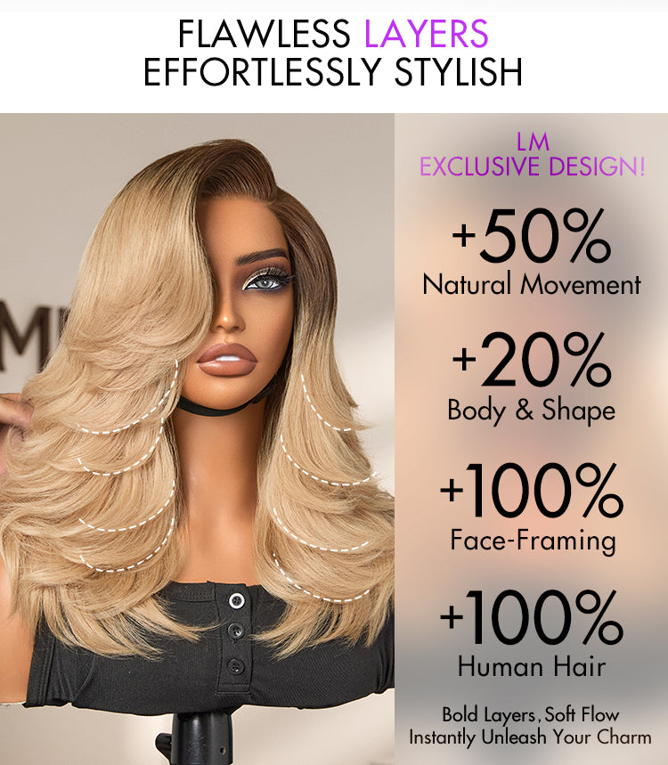 Ombre Blonde Blow Out Layered Cut Wavy Glueless HD Minimalist Lace Wig-13
