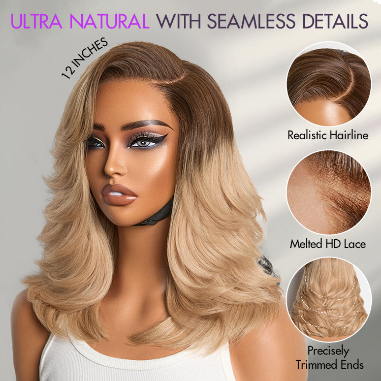 Ombre Blonde Blow Out Layered Cut Wavy Glueless HD Minimalist Lace Wig-04