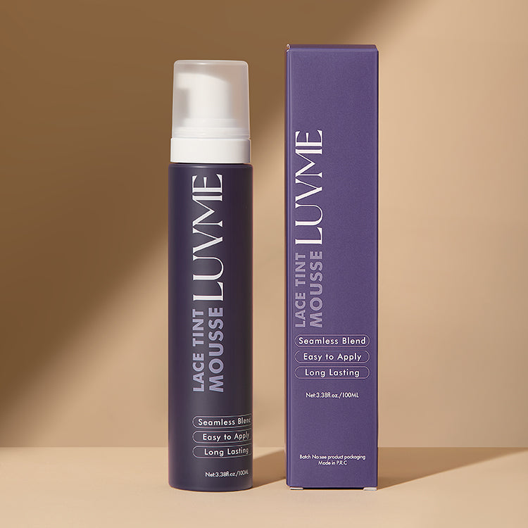 Dark brown lace tint mousse for wig melt by Luvme Hair, showing the mousse container and applicator.