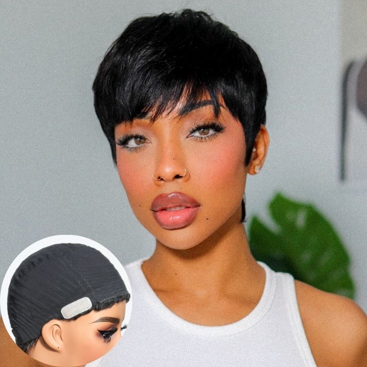 Exclusive Sale | Throw On & Go Short Cut with Bangs Wig Ultra Comfort Cotton Cap Glueless Wig Hair Loss Friendly - US Only-01