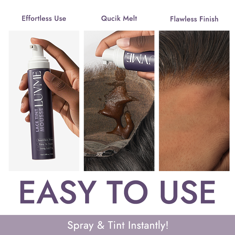 Dark brown lace tint mousse for wig melt by Luvme Hair, in a sleek bottle, designed for seamless lace blending and adhesion.