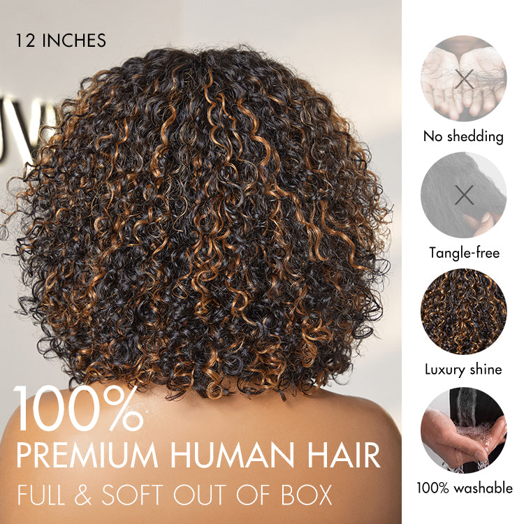 Luvme minimalist lace wig with short curly water wave style, bangs, and a natural, beginner-friendly look.