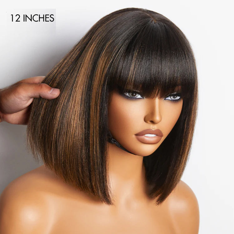 Weekly Special | Put On and Go Realistic Glueless Yaki Straight Bob with Bangs Minimalist Lace Wig 100% Human Hair-08
