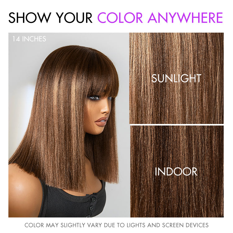 Ash Blonde Highlights Yaki Blunt Cut Bob Wig with Bangs Glueless Minimalist Lace Short Wig Breathable Cap-06