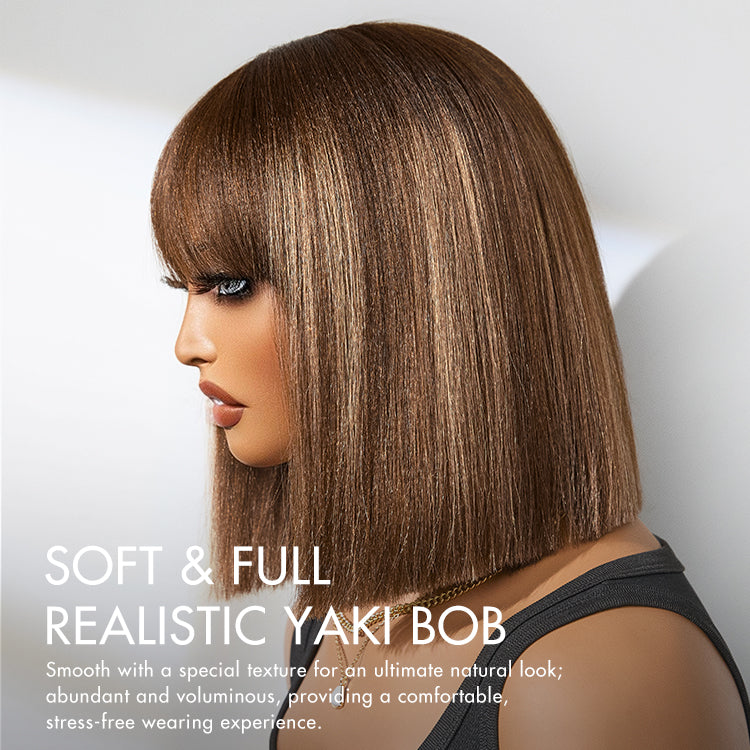 New Customers Only | Put On and Go Realistic Glueless Yaki Straight Bob with Bangs Minimalist Lace Wig 100% Human Hair-10