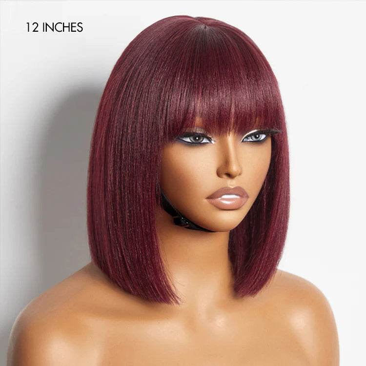 New Customers Only | Put On and Go Realistic Glueless Yaki Straight Bob with Bangs Minimalist Lace Wig 100% Human Hair-13