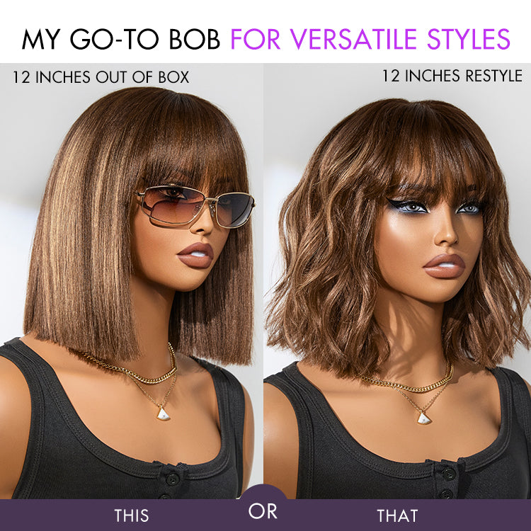 Luvme Put On and Go Yaki Straight Bob Lace Wig with bangs, realistic human hair, minimalist design, glueless easy wear
