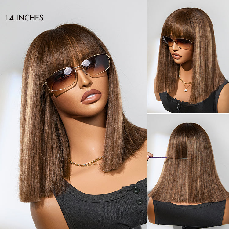Luvme Put On and Go Yaki Straight Bob lace wig with bangs, realistic human hair, minimalist design, glueless fit.