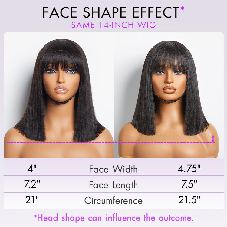 Luvme realistic glueless Yaki straight bob lace wig with bangs, 100% human hair, natural look, put on and go style.