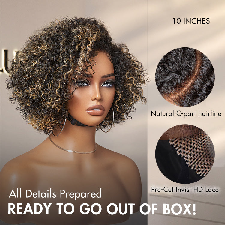 1 SEC INSTALL WIG | Honey Blonde Highlight / Natural Black Kinky Curly Glueless Minimalist HD Lace Classic Short Wig Pre-Cut Lace-11