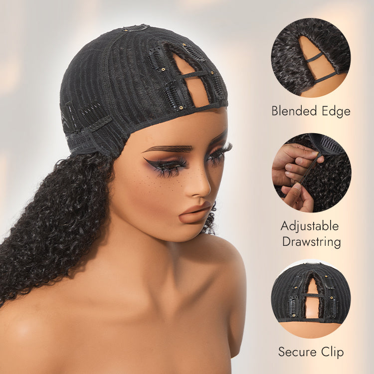 Luvme Too Easy Texture™ wig with 180% density, kinky curly and Yaki straight styles, glueless V part and drawstring for secure fit.
