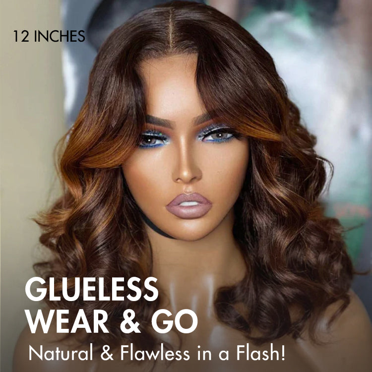 Elegant Brown Ombre Loose Wave Minimalist HD Lace Glueless Short Wig 100% Human Hair Pre-Cut Lace-07
