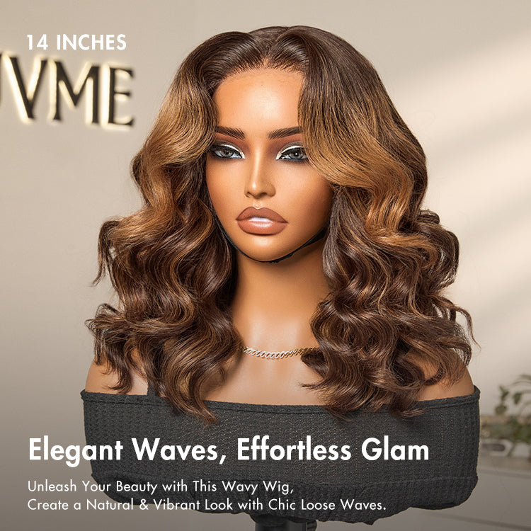 Elegant Brown Ombre Loose Wave Minimalist HD Lace Glueless Short Wig 100% Human Hair Pre-Cut Lace-05