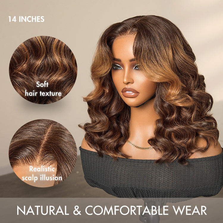 Elegant Brown Ombre Loose Wave Minimalist HD Lace Glueless Short Wig 100% Human Hair Pre-Cut Lace-06