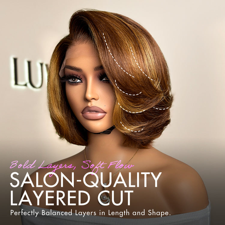 Luvme Hair toffee brown mix blonde and natural black layered lace bob wig with 5x5 closure, glueless style, for new customers only.