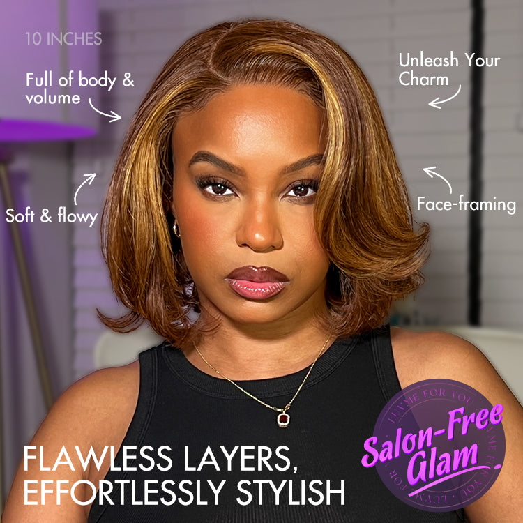 Luvme Hair layered bob lace wig with Toffee Brown Mix Blonde and natural black colors, glueless 5x5 closure, styled as shown.