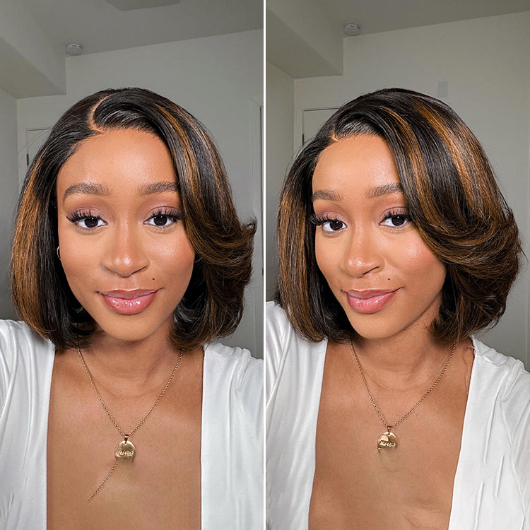 Luvme Hair layered lace bob wig with toffee brown and black mix, 5x5 closure, natural black layers, glueless style.