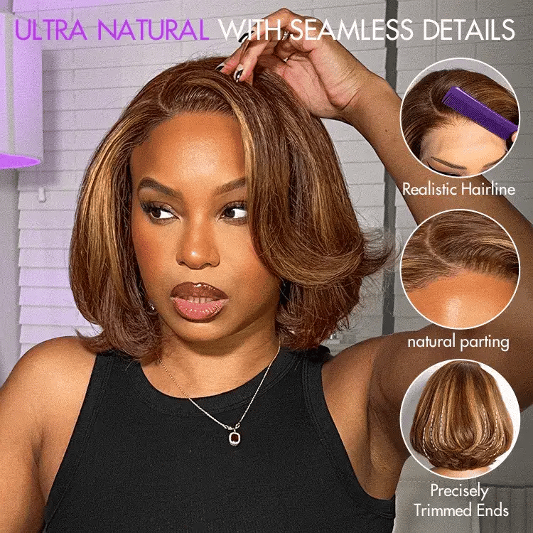Luvme Hair Toffee Brown Mix Blonde and Natural Black layered glueless lace bob wig with 5x5 closure, styled in a trendy layered cut.