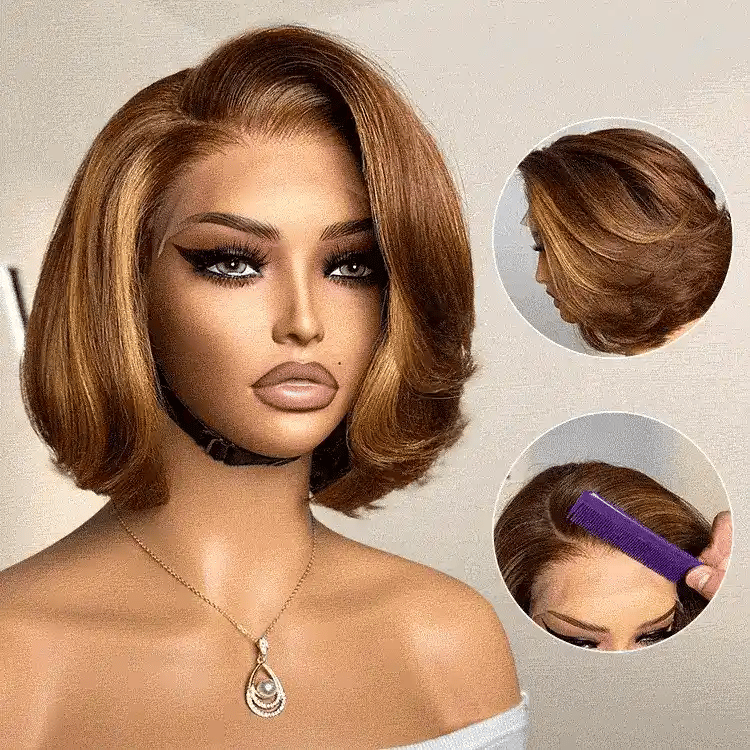 New Customers Only | Limited Design | Toffee Brown Mix Blonde / Natural Black Layered Cut Glueless 5x5 Closure Lace Bob Wig-01