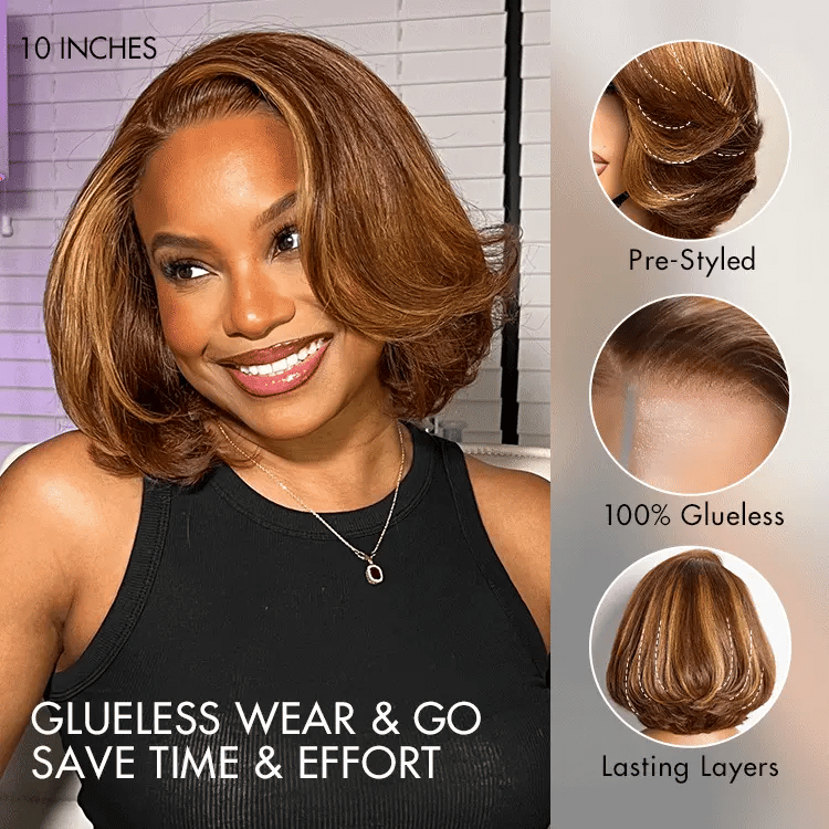 Luvme Hair Toffee Brown Mix Blonde and Natural Black layered lace bob wig with 5x5 closure, glueless design.