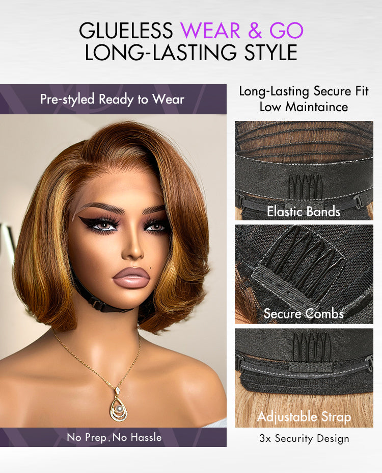 New Customers Only | Limited Design | Toffee Brown Mix Blonde / Natural Black Layered Cut Glueless 5x5 Closure Lace Bob Wig-19