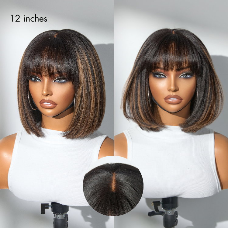Put On and Go Realistic Glueless Yaki Straight Bob with Bangs Minimalist Lace Wig 100% Human Hair-12