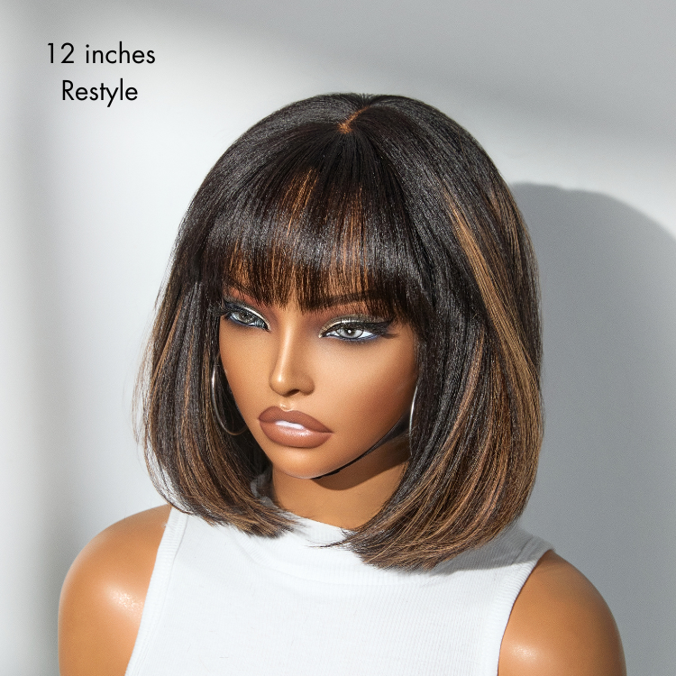 New Customers Only | Put On and Go Realistic Glueless Yaki Straight Bob with Bangs Minimalist Lace Wig 100% Human Hair-06