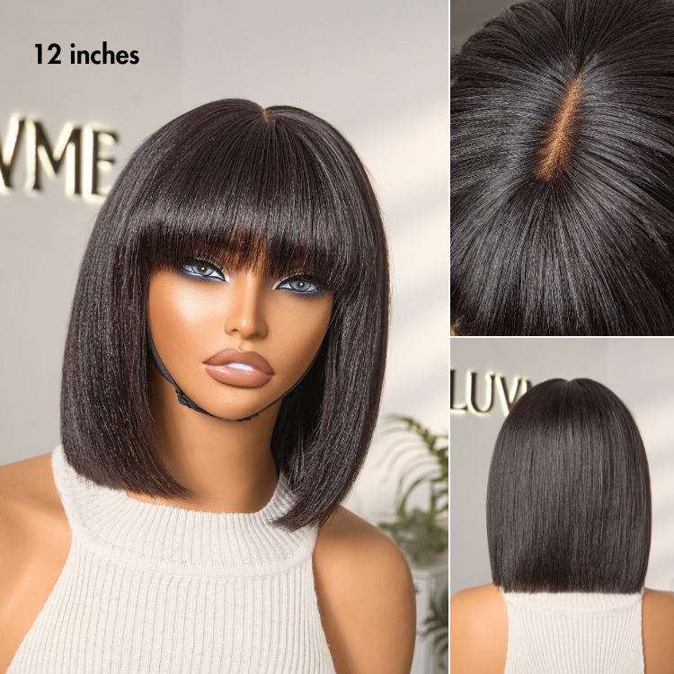 Exclusive Sale | Put On and Go Realistic Glueless Yaki Straight Bob with Bangs Minimalist Lace Wig 100% Human Hair-07