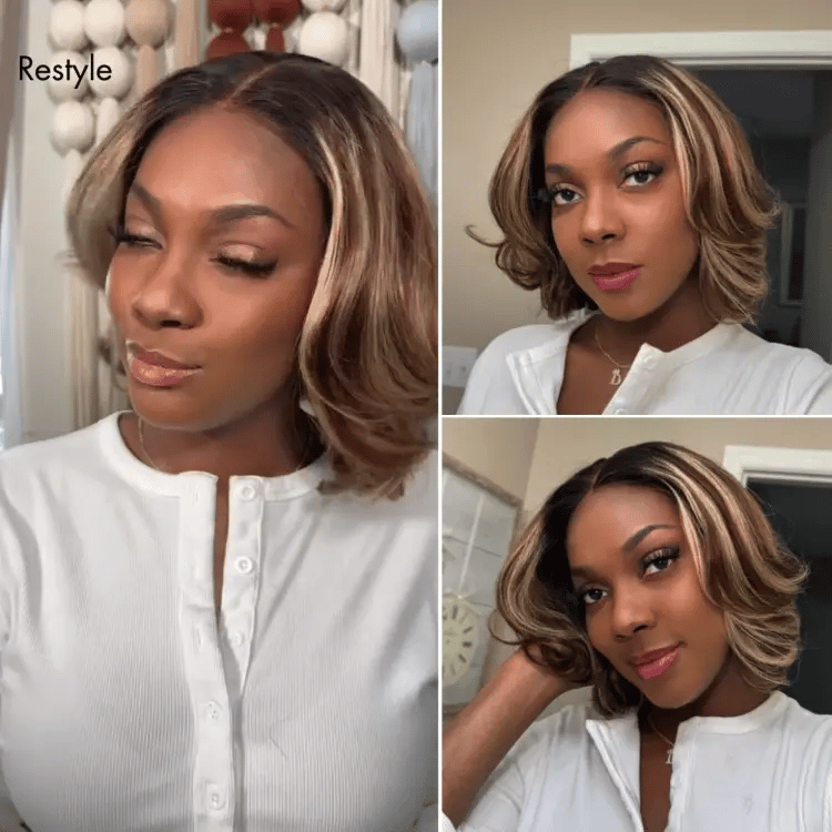 Luvme Hair blonde and brown highlight short layered glueless bob wig with 5x5 closure and pre-cut lace, styled naturally.