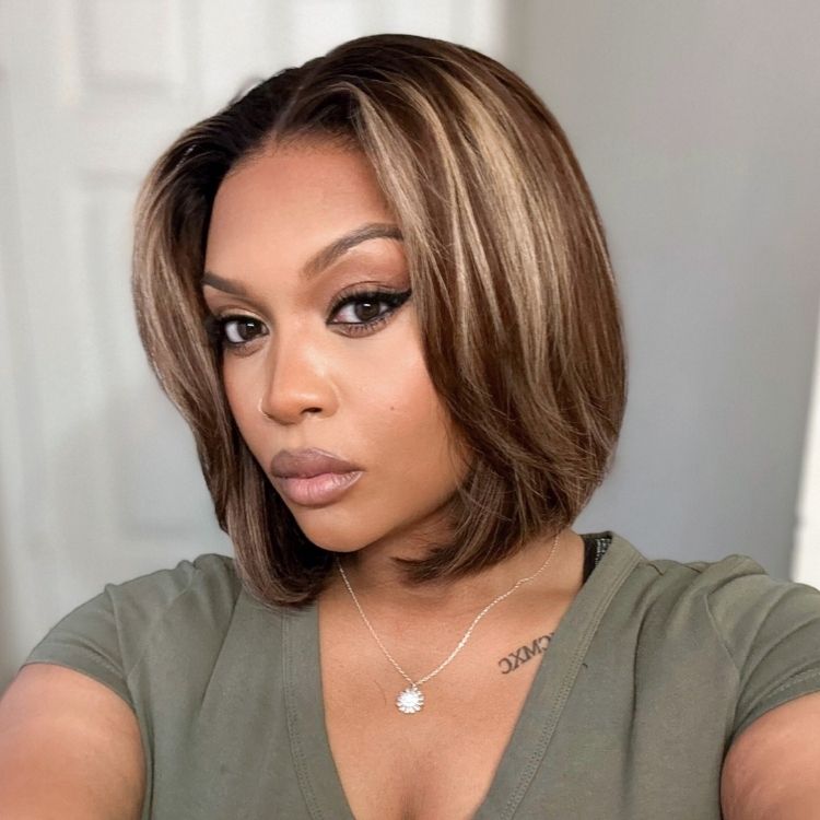 Blonde and brown highlight short layered bob lace wig by Luvme Hair, glueless 5x5 closure, pre-cut lace for easy styling.