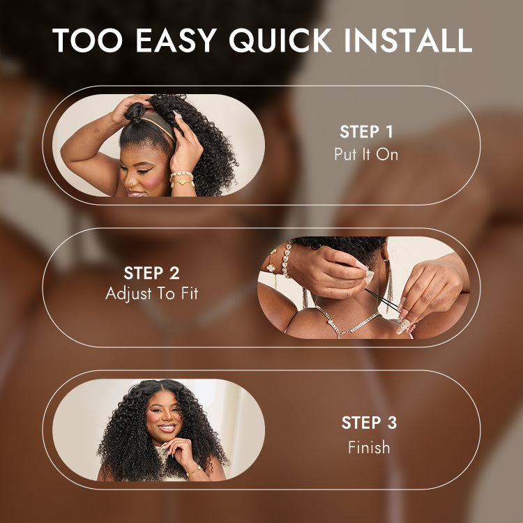 Luvme Too Easy Texture 3-in-1 half wig with kinky curly and yaki straight styles, glueless drawstring design, 180% density.