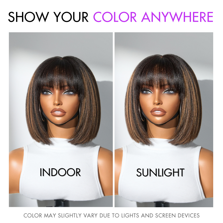 Put On and Go Brown Highlight Yaki Bob with Bangs Glueless Minimalist Lace Wig Breathable Cap-06