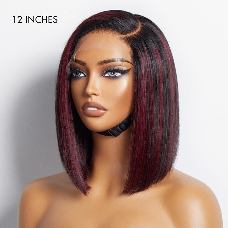 Dark Red Highlights Silky Blunt Cut C Part Glueless Minimalist HD Lace Bob Wig Beginner Friendly-04