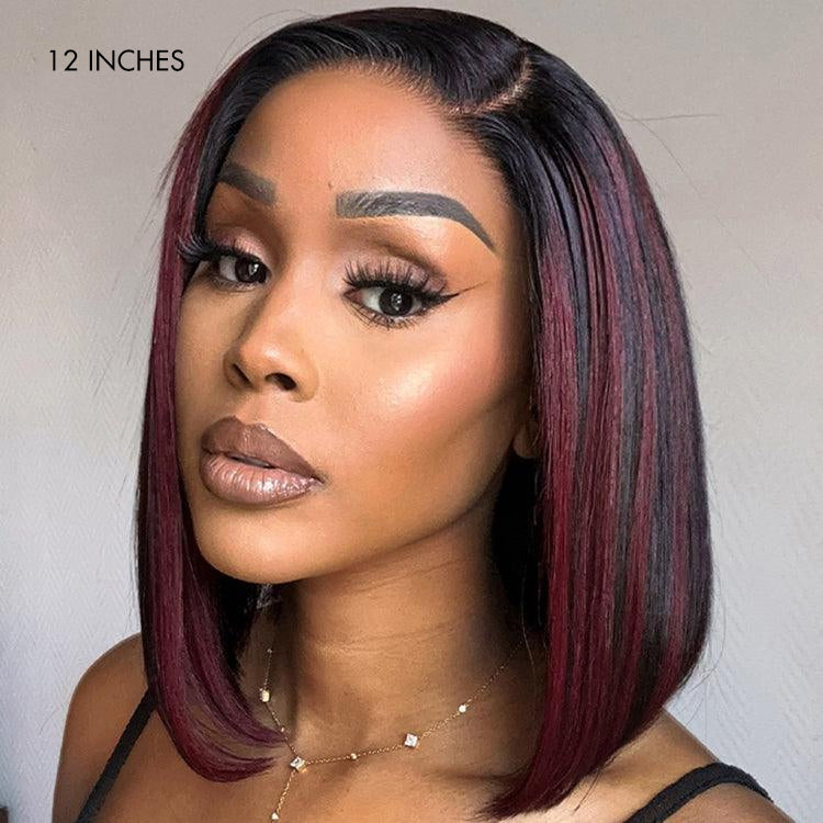 Dark Red Highlights Silky Blunt Cut C Part Glueless Minimalist HD Lace Bob Wig Beginner Friendly-02