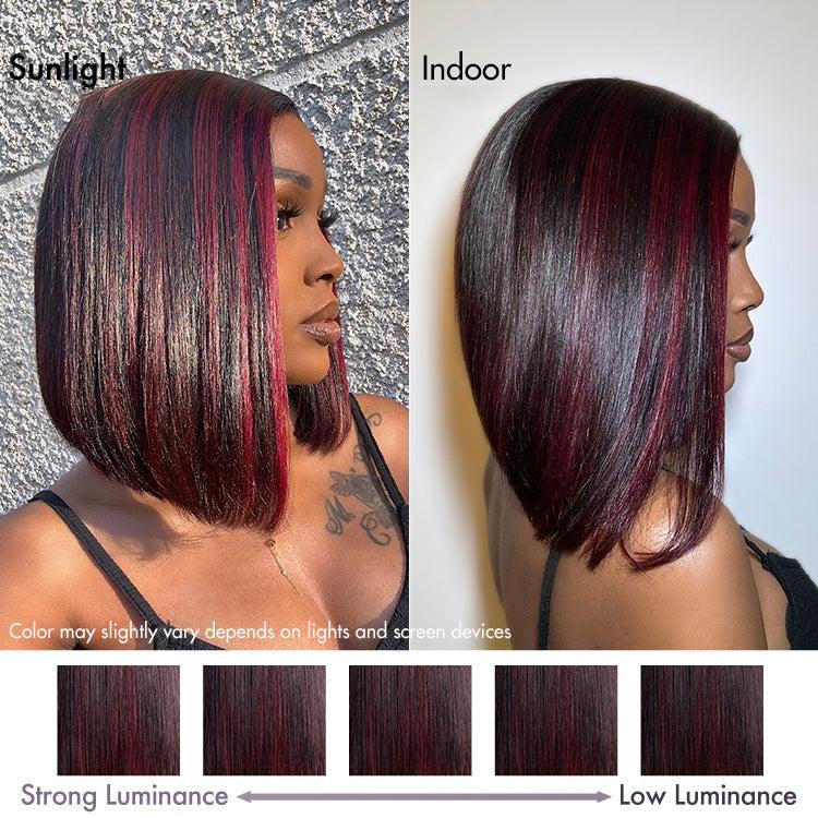 Dark Red Highlights Silky Blunt Cut C Part Glueless Minimalist HD Lace Bob Wig Beginner Friendly-03