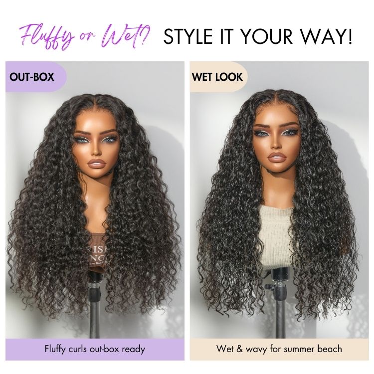 Luvme Hair water wave lace front wig with curly, fluffy texture, pre-cut lace, and drawstring adjustable cap.
