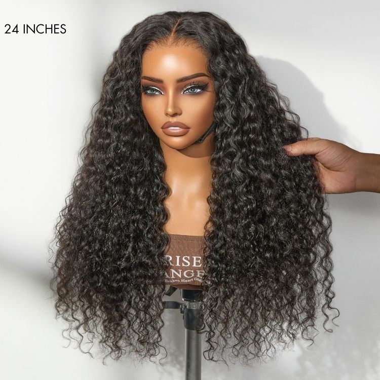 Luvme Hair water wave curly lace front wig with pre-cut lace, adjustable drawstring, 13x4 frontal, glueless, flexible fit.