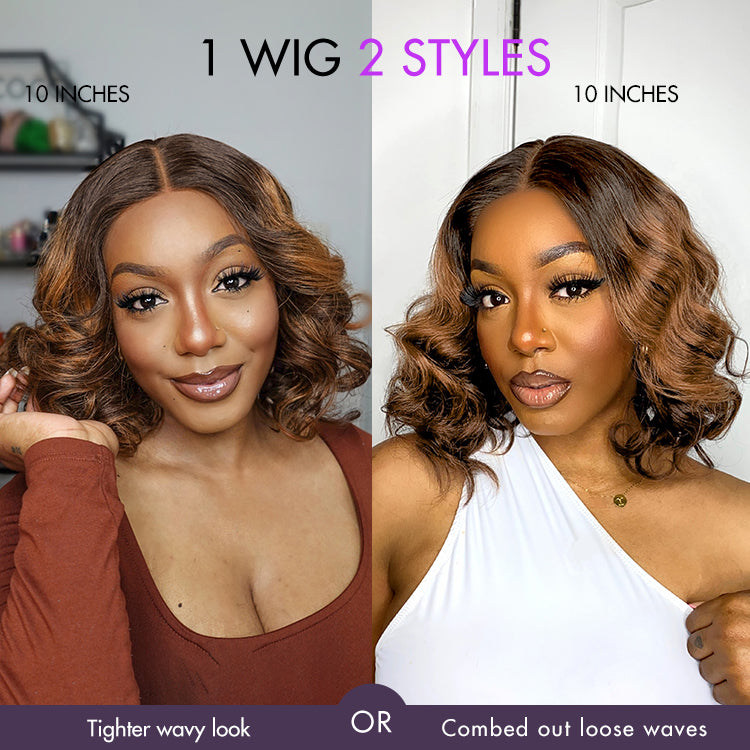 Elegant Brown Ombre Loose Wave Minimalist HD Lace Glueless Short Wig 100% Human Hair Pre-Cut Lace-13